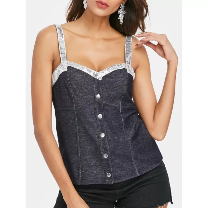 Sequins Denim Tank Top - Dark Gray