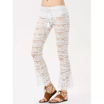Sexy Lace See-Through Solid Color Pants For Women - White