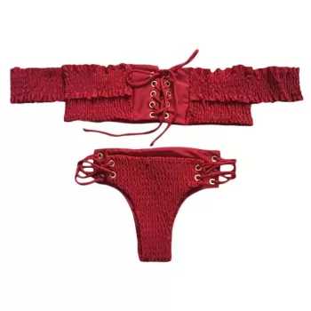 Sexy Off The Shoulder ace-up Ruffled Bikini Set Women Swimsuit - Red