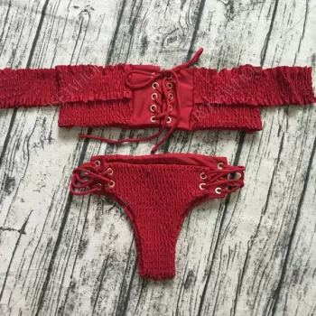 Sexy Off The Shoulder ace-up Ruffled Bikini Set Women Swimsuit - Red