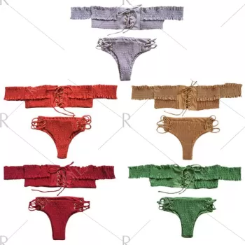 Sexy Off The Shoulder ace-up Ruffled Bikini Set Women Swimsuit - Red