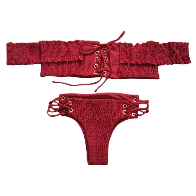 Sexy Off The Shoulder ace-up Ruffled Bikini Set Women Swimsuit - Red