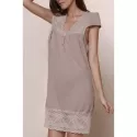 Sexy Plunging Neck Short Sleeve Solid Color Laciness Women's Dress - Khaki