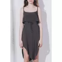 Sexy Spaghetti Strap Sleeveless Solid Color Asymmetrical Slit Dress For Women - Dark Khaki