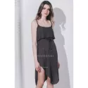 Sexy Spaghetti Strap Sleeveless Solid Color Asymmetrical Slit Dress For Women - Dark Khaki