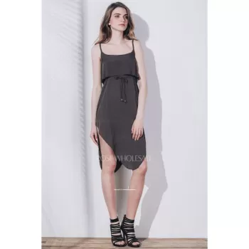 Sexy Spaghetti Strap Sleeveless Solid Color Asymmetrical Slit Dress For Women - Dark Khaki