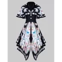 Shawl Collar Butterfly Print Buttoned Asymmetric Dress - White