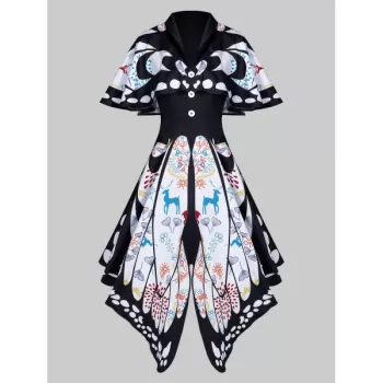 Shawl Collar Butterfly Print Buttoned Asymmetric Dress - White