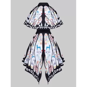 Shawl Collar Butterfly Print Buttoned Asymmetric Dress - White