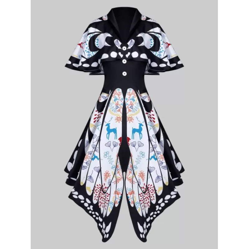 Shawl Collar Butterfly Print Buttoned Asymmetric Dress - White