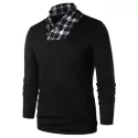 Shawl Collar Checked Panel T-shirt - Black