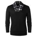 Shawl Collar Checked Panel T-shirt - Black