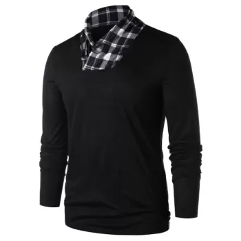Shawl Collar Checked Panel T-shirt - Black