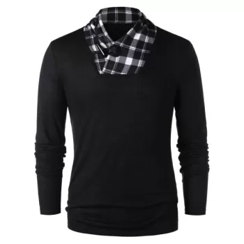 Shawl Collar Checked Panel T-shirt - Black