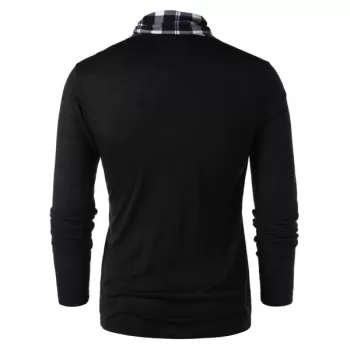 Shawl Collar Checked Panel T-shirt - Black