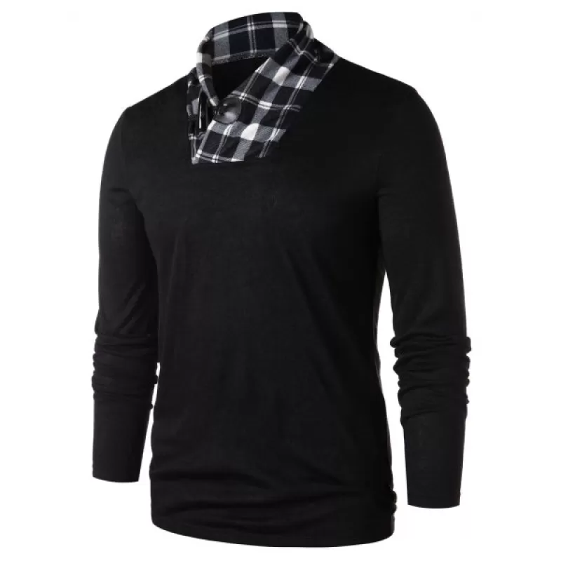 Shawl Collar Checked Panel T-shirt - Black