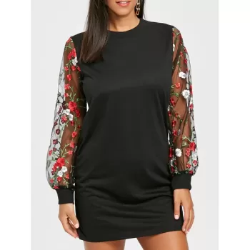 heer Mesh Insert Embroidered Mini Dress - Black