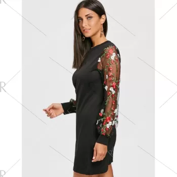heer Mesh Insert Embroidered Mini Dress - Black