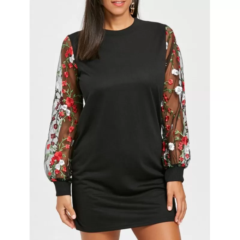 heer Mesh Insert Embroidered Mini Dress - Black