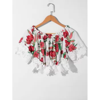 Shirred Floral Lace Crochet Crop Top -