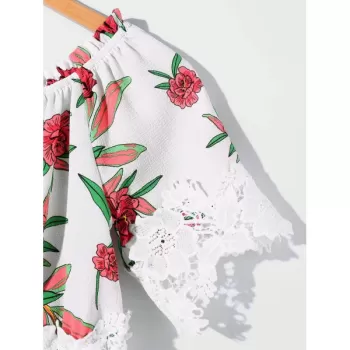 Shirred Floral Lace Crochet Crop Top -