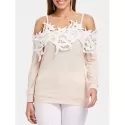 Shoulder Cut Lace Embellished Long Sleeve T-shirt - Warm White