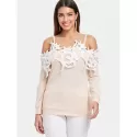 Shoulder Cut Lace Embellished Long Sleeve T-shirt - Warm White