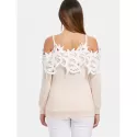 Shoulder Cut Lace Embellished Long Sleeve T-shirt - Warm White