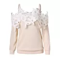 Shoulder Cut Lace Embellished Long Sleeve T-shirt - Warm White