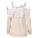 Shoulder Cut Lace Embellished Long Sleeve T-shirt - Warm White