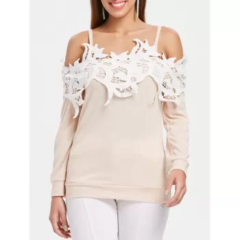 Shoulder Cut Lace Embellished Long Sleeve T-shirt - Warm White