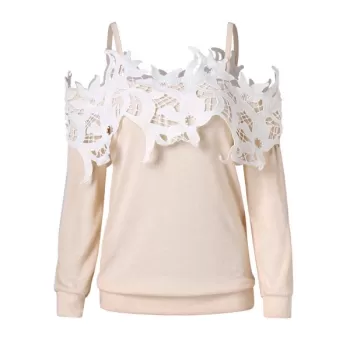 Shoulder Cut Lace Embellished Long Sleeve T-shirt - Warm White