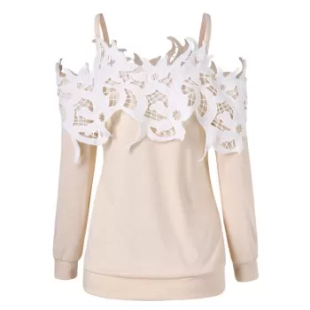 Shoulder Cut Lace Embellished Long Sleeve T-shirt - Warm White