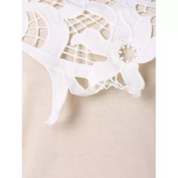 Shoulder Cut Lace Embellished Long Sleeve T-shirt - Warm White