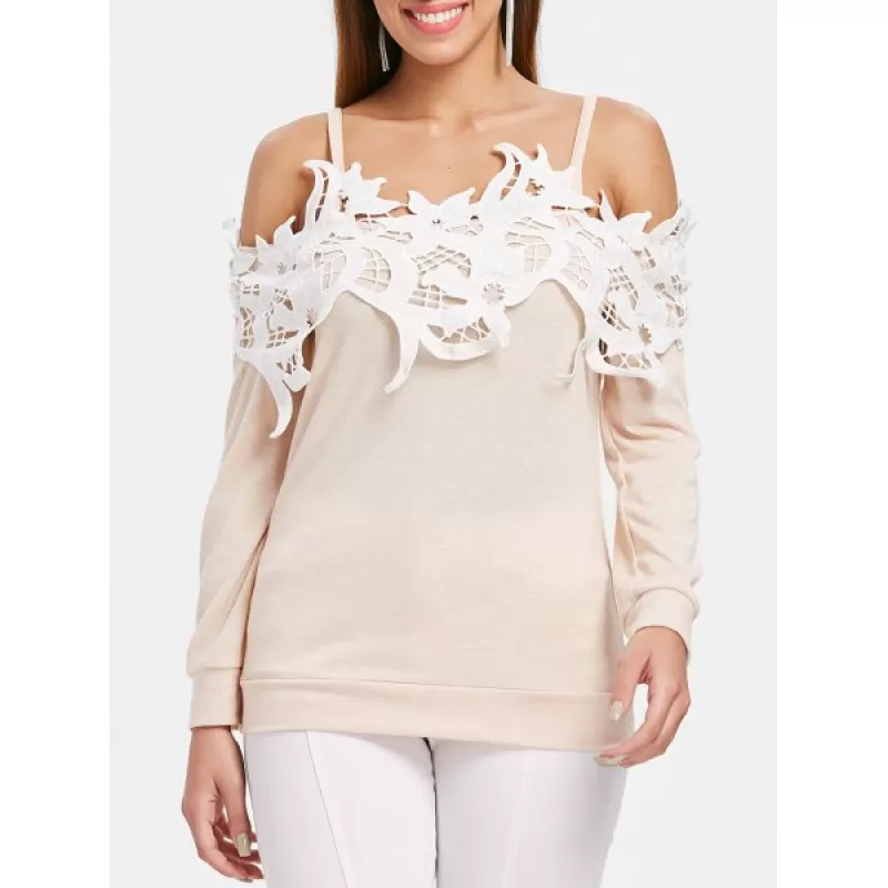 Shoulder Cut Lace Embellished Long Sleeve T-shirt - Warm White