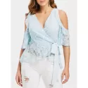 Shoulder Cut Skirted Lace Blouse - Light Blue