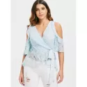Shoulder Cut Skirted Lace Blouse - Light Blue