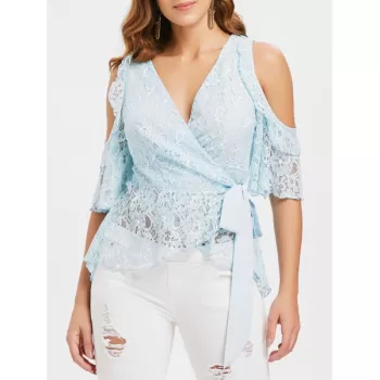 Shoulder Cut Skirted Lace Blouse - Light Blue