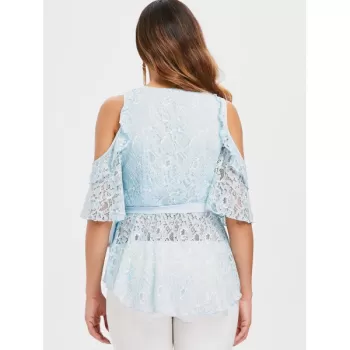 Shoulder Cut Skirted Lace Blouse - Light Blue