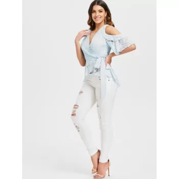 Shoulder Cut Skirted Lace Blouse - Light Blue