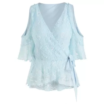 Shoulder Cut Skirted Lace Blouse - Light Blue
