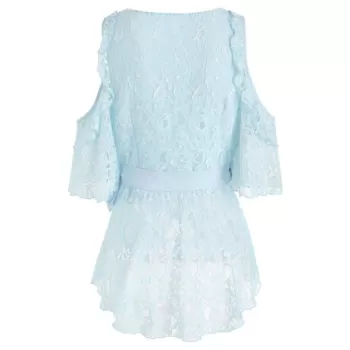 Shoulder Cut Skirted Lace Blouse - Light Blue