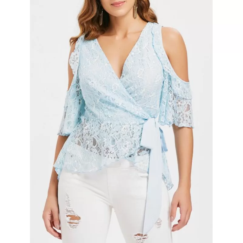 Shoulder Cut Skirted Lace Blouse - Light Blue