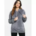 Side Pockets Faux Fur Hoodie with Zipper - Gray