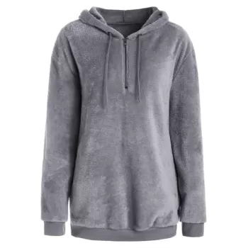 Side Pockets Faux Fur Hoodie with Zipper - Gray