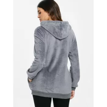 Side Pockets Faux Fur Hoodie with Zipper - Gray