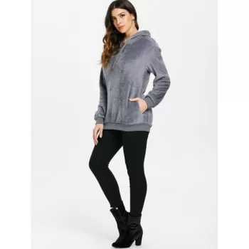 Side Pockets Faux Fur Hoodie with Zipper - Gray