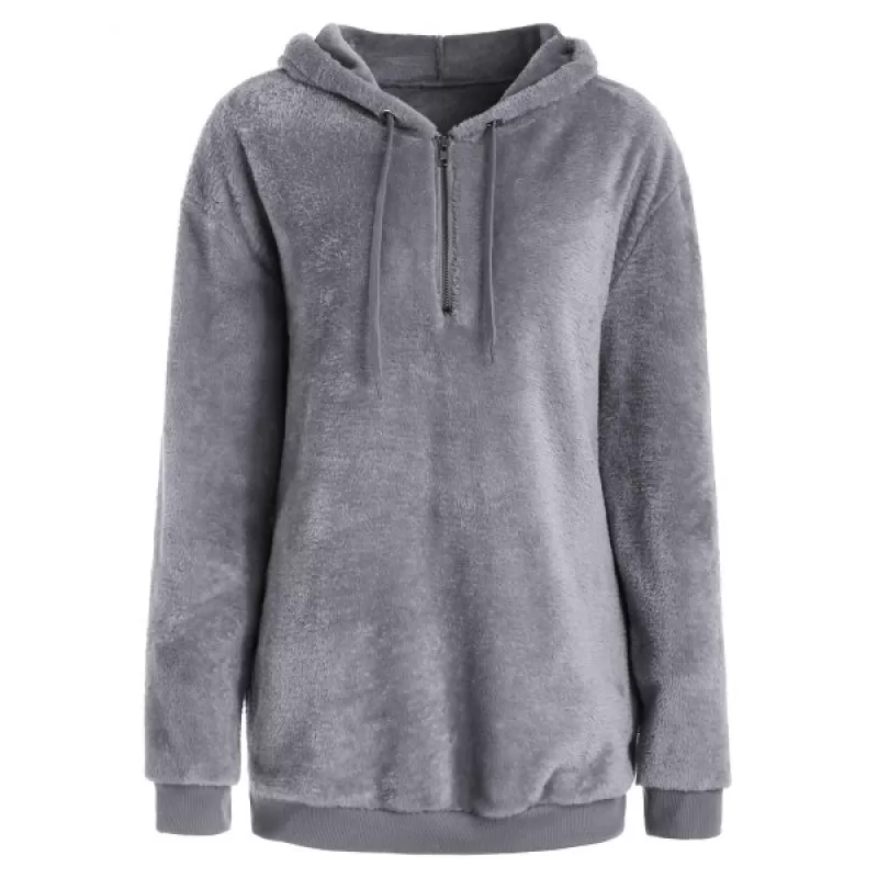 Side Pockets Faux Fur Hoodie with Zipper - Gray