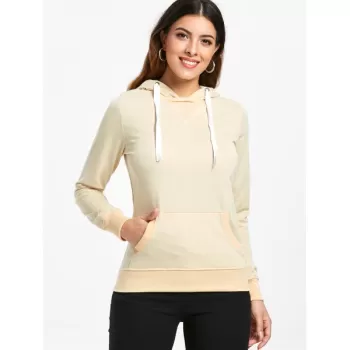 Simple ong Sleeve Hooded Pocket Design Women's Hoodie - Apricot