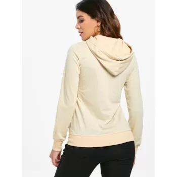 Simple ong Sleeve Hooded Pocket Design Women's Hoodie - Apricot
